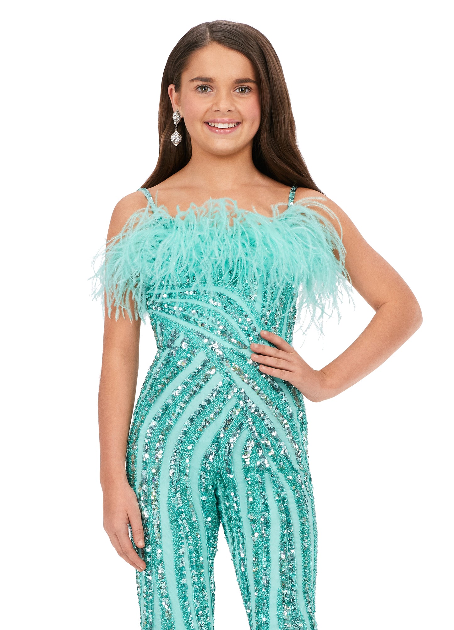 Make a show-stopping impression in this beautiful Ashley Lauren Kids 8235 Girls Beaded Long Pageant Jumpsuit. Featuring intricate bead pattern, sparkly sequins and feather details on the neckline, it's the perfect choice for your formalwear needs. Fully beaded design ensures a standout look in any pageant or special event.  Sizes: 4-16  Colors: Aqua, Candy Pink, Periwinkle