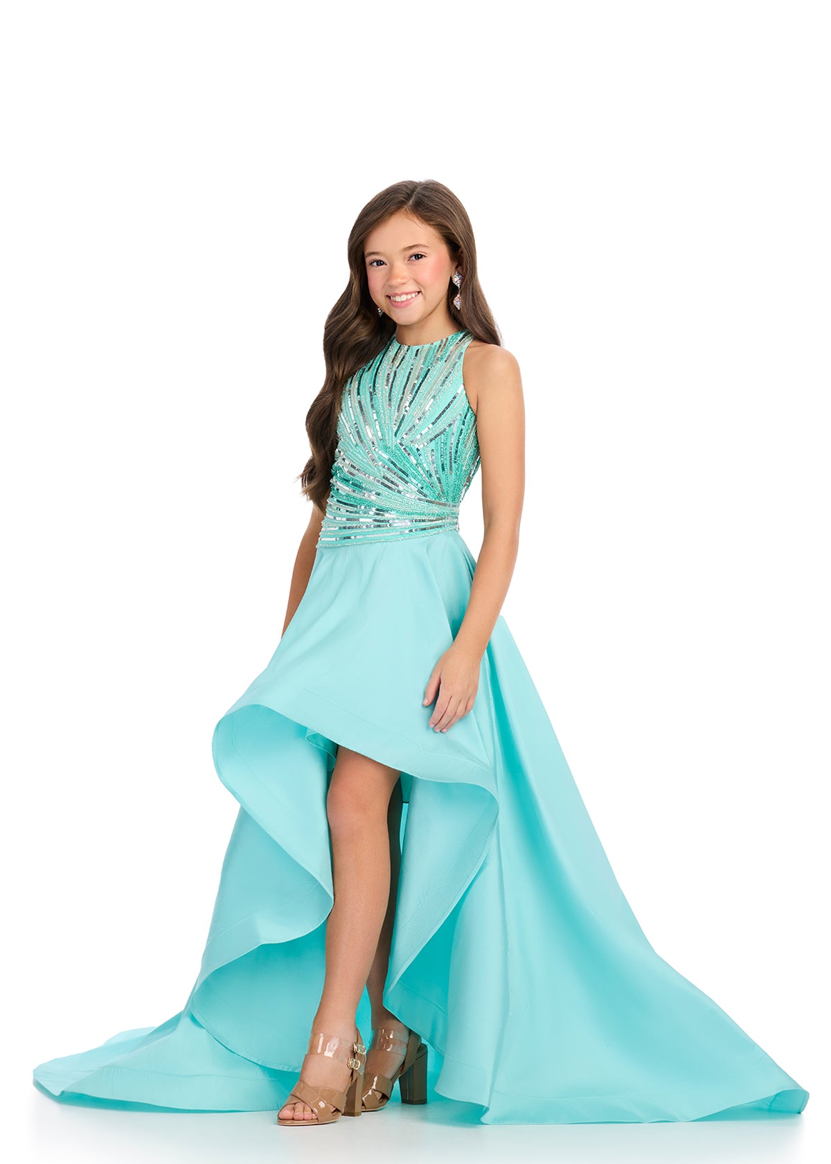 Ashley Lauren Kids 8288 Girls Beaded Sequin High Low Dress Pageant Taffeta Formal Wear 14 / Aqua