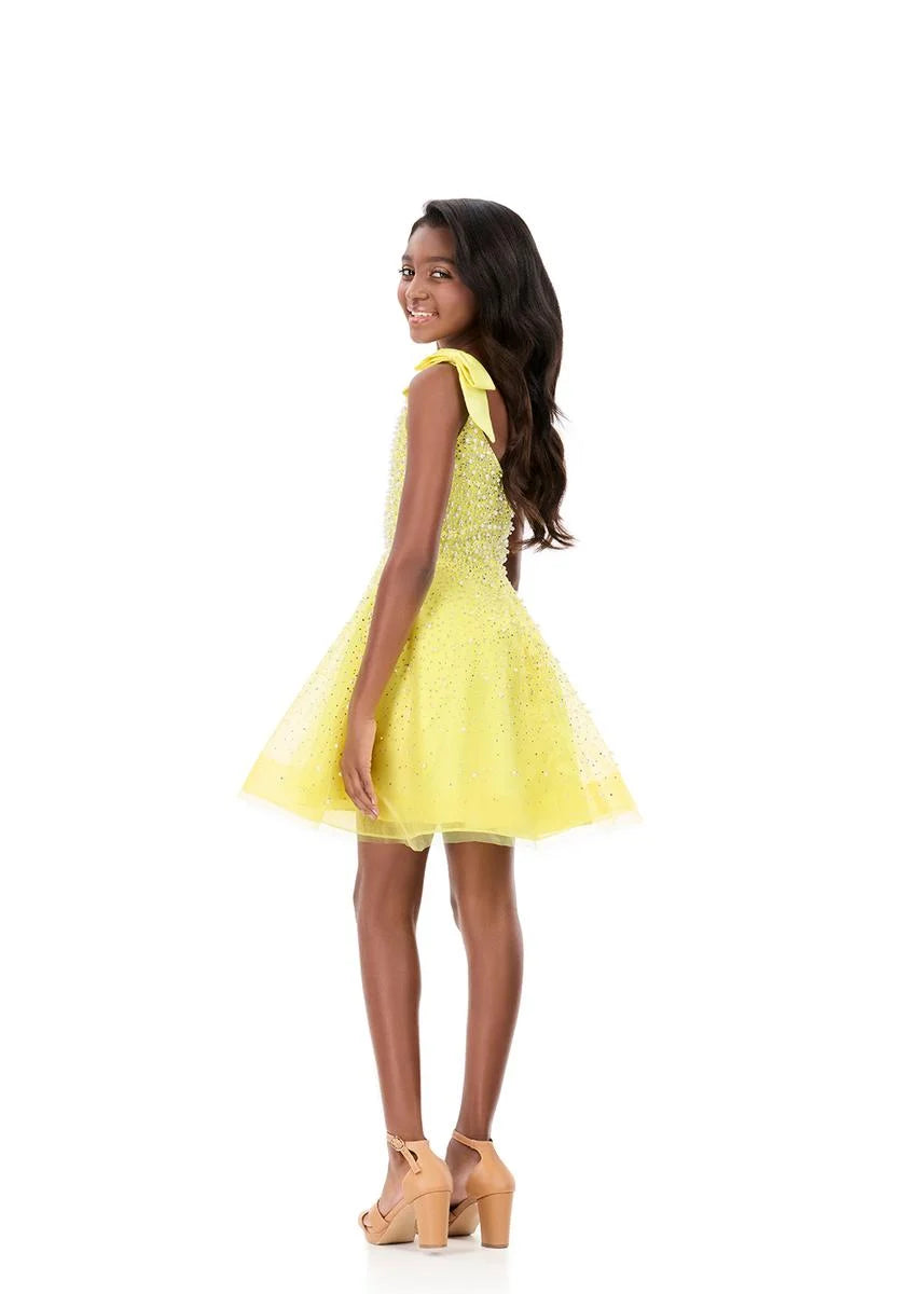 ASHLEYlauren 8332 Kids Tulle Fit and Flare Dress Bow Straps and Pearls