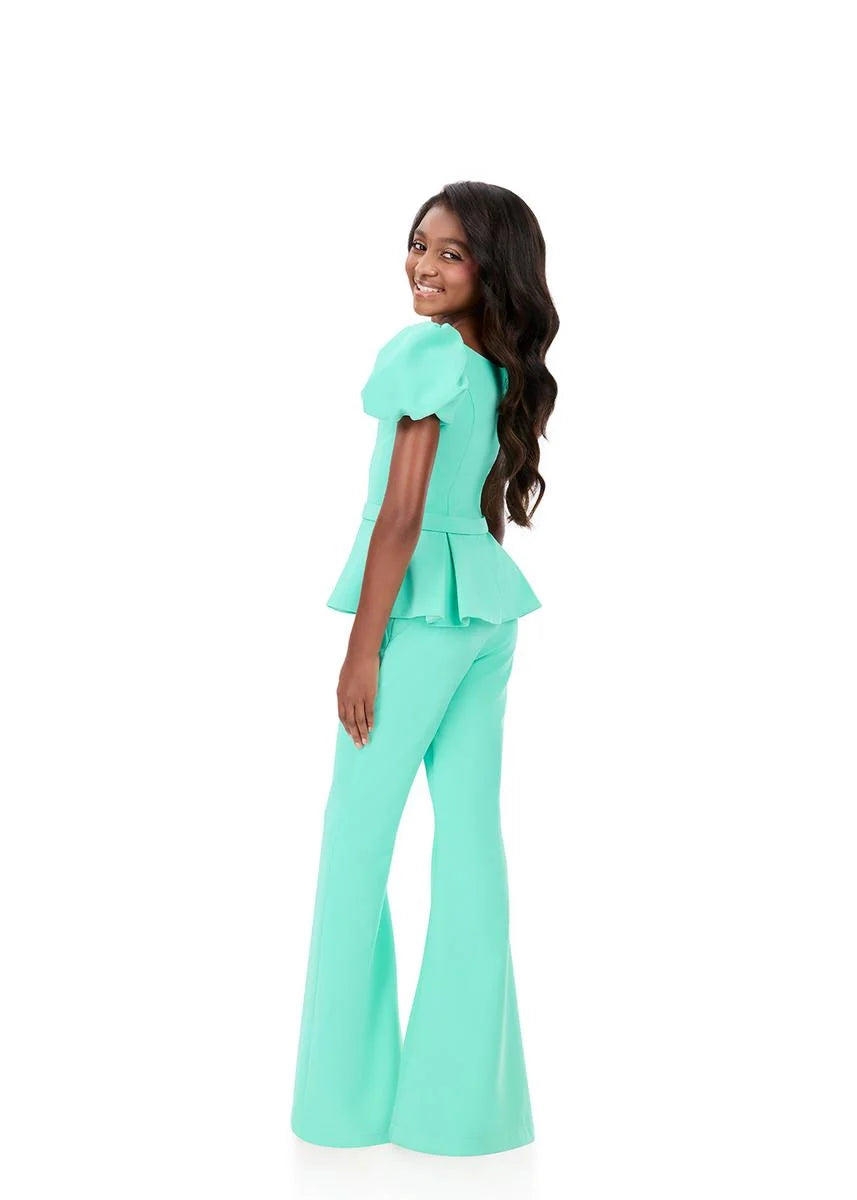 ASHLEYlauren 8358 Girls Jersey pantsuit with puff sleeves
