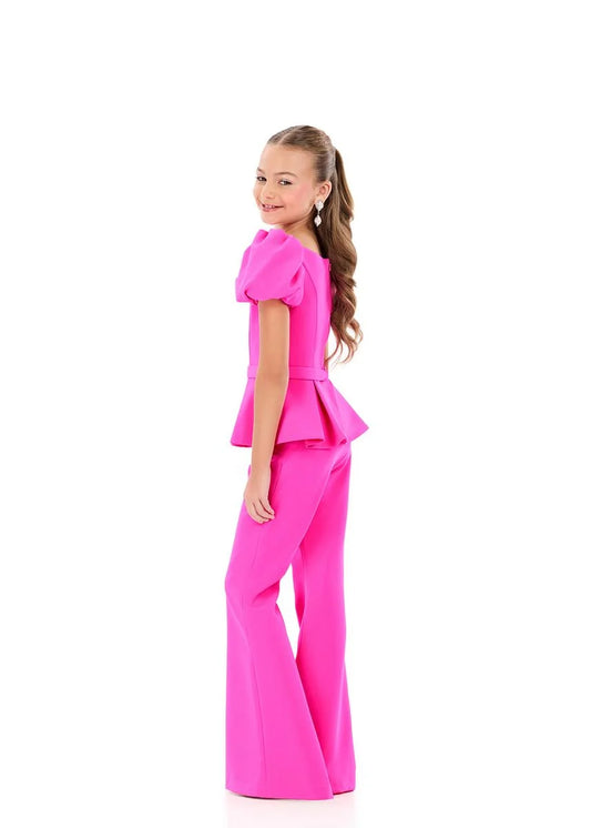 ASHLEYlauren 8358 Girls Jersey pantsuit with puff sleeves