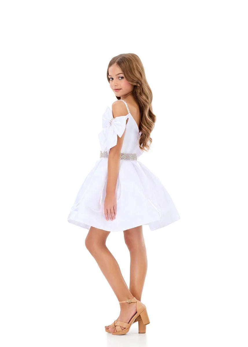 ASHLEYlauren 8360 Girls satin cocktail dress off the shoulder bows