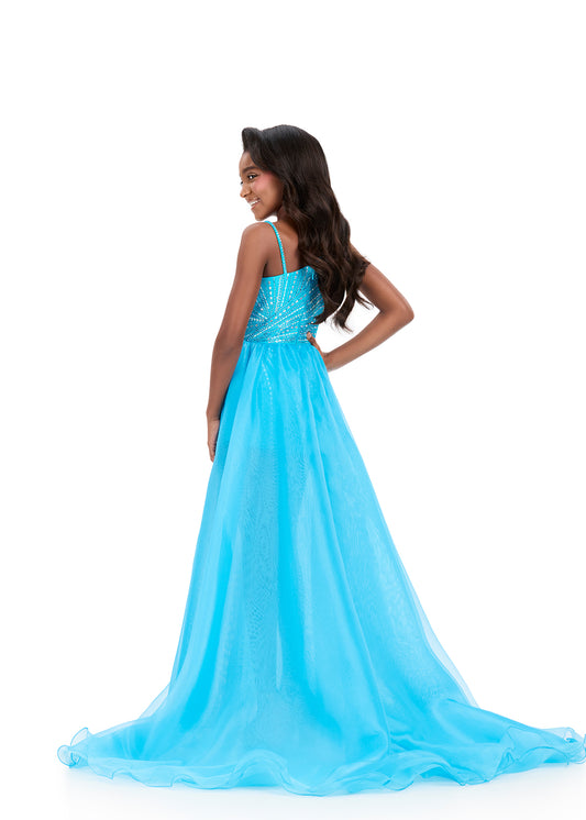 ASHLEYlauren 8362 Girls one shoulder romper heat stones overskirt