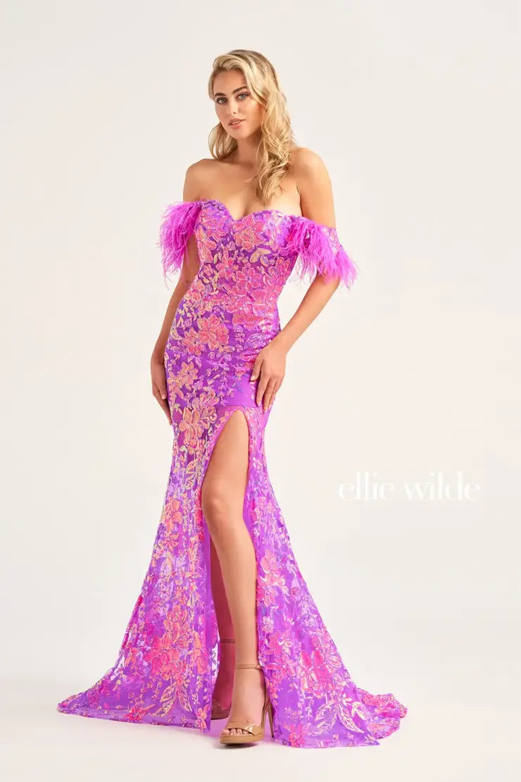 Ellie Wilde EW34034 Size 8 Purple Long Sheer Sequin Feather Off The Shoulder Slit Dress Corset Gown