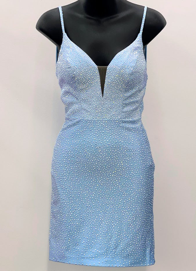 Amarra 87118 Size 00 Light Blue Short Fitted Rhinestone Embellished Formal Cocktail Dress Backless Bow Amarra 87118 Size 00 Light Blue Short Fitted Rhinestone Embellished Formal Cocktail Dress Backless Bow