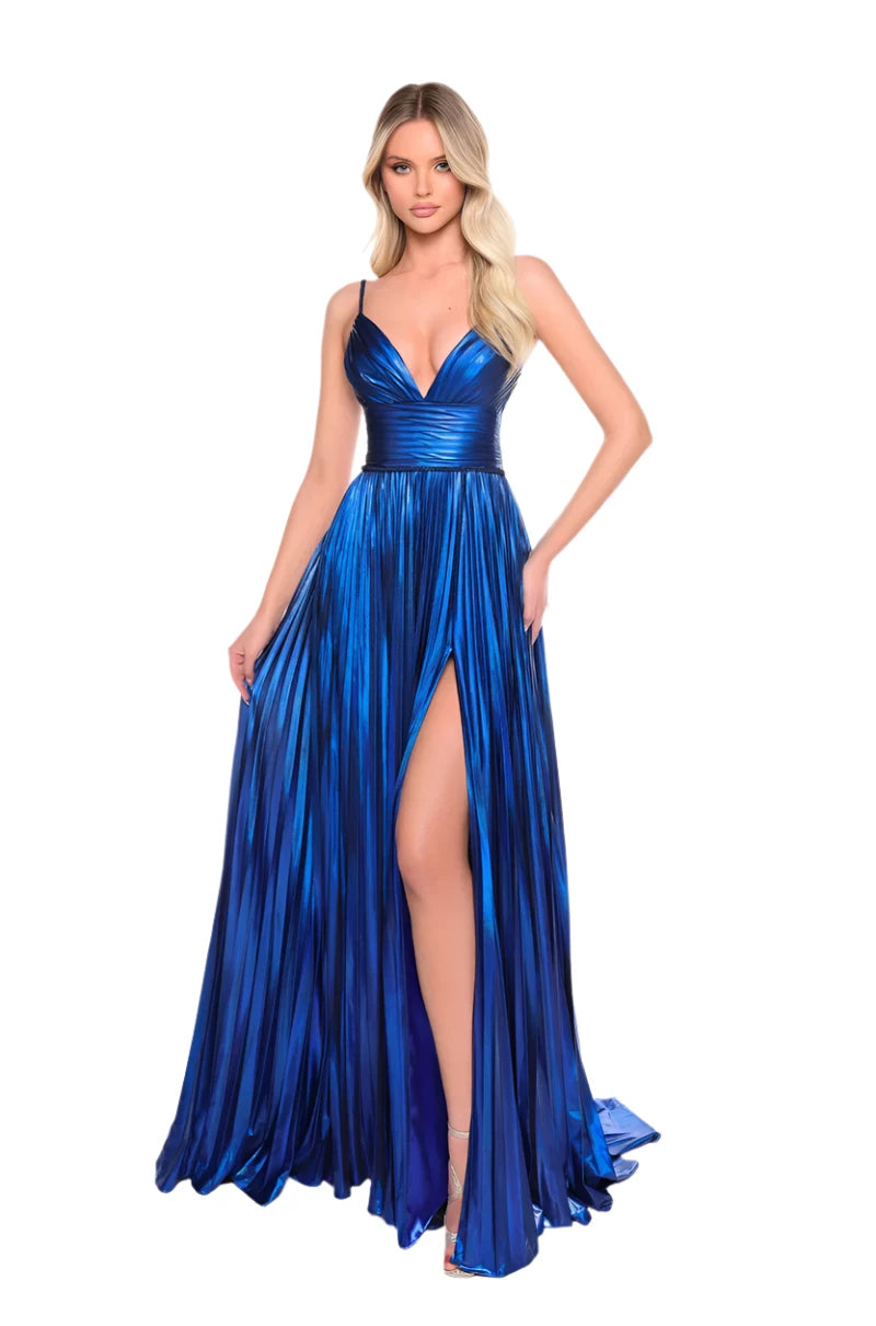 Amarra 88096 Size 12 Blue Long Metallic Pleated Prom Dress maxi Slit C Glass Slipper Formals Amarra 88096 Size 12 Blue Long Metallic Pleated Prom Dress maxi Slit C Glass Slipper Formals