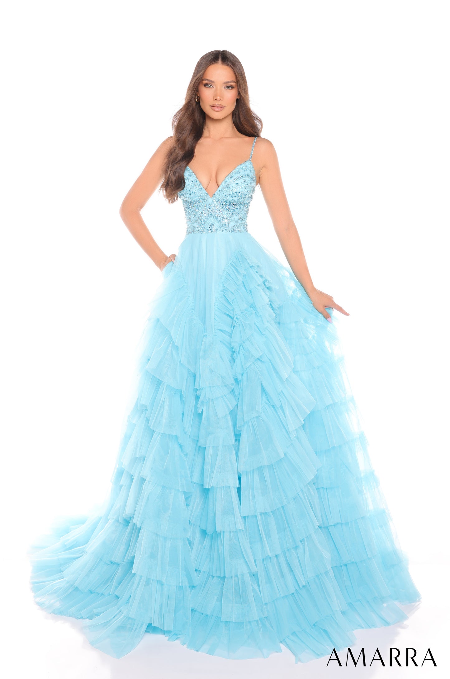 Amarra 88296 Layered Ruffle Ballgown Prom Dress Beaded Bodice Formal A Line Pageant Gown