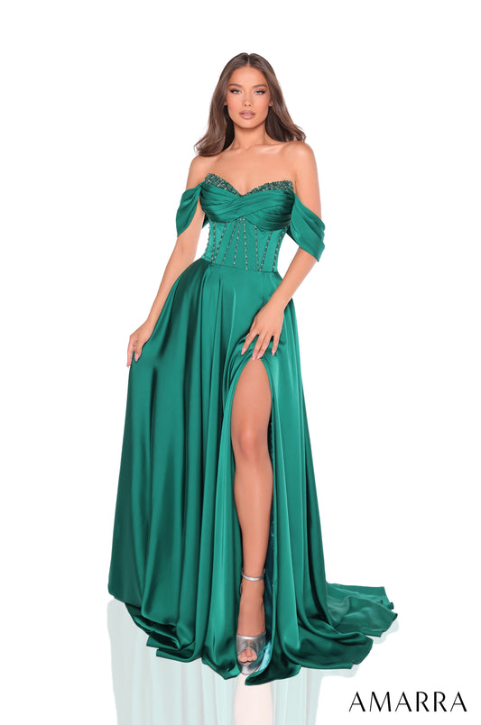 Be the center of attention in our Amarra 88367 satin A-line corset slit prom dress. This elegant off-the-shoulder gown with a V-neck will make you stand out at any formal evening event. The delicate corset detail and thigh-high slit add a touch of sophistication and sexiness. Expertly designed for a flawless fit. This stunning floor-length gown is a vision of elegance and sophistication, perfect for making a grand entrance at any formal event. The A-line silhouette gracefully flows from a fitted bodice to a