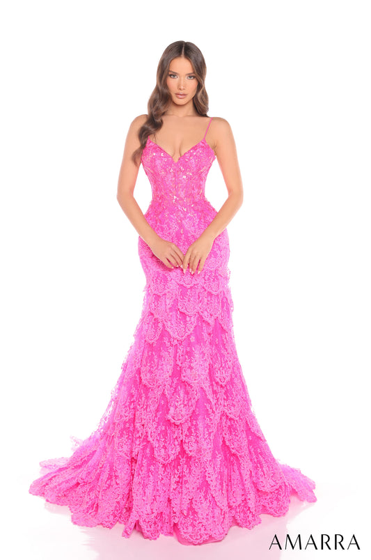 Expertly crafted for a stunning silhouette, the Amarra 88378 Sheer Corset Sequin Lace Mermaid Prom Dress will make you stand out at any pageant or prom. The sheer corset bodice is adorned with sequin lace, while the layered mermaid skirt adds drama and elegance.
Sizes: 000-16
Colors: Emerald, Fuchsia, Light Blue, Orange, Periwinkle