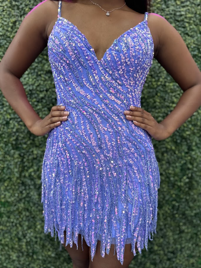 Elevate your style with the Amarra 88042 Sequin Cocktail Dress. The V neck and short, beaded fringe add a touch of glamour to any homecoming or formal event. Make a statement with this stunning and chic dress. This cocktail dress with fringe beadwork detailing features a plunging V-neckline and spaghetti straps.