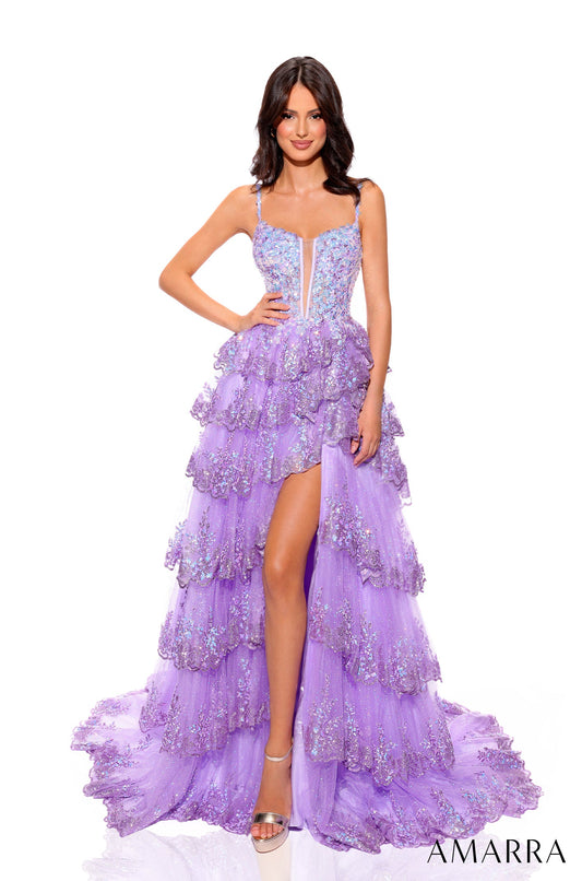 Elevate your glamour game with the Amarra 88745 Sequin Layer Maxi Slit Sheer Corset Prom Dress. The A-line silhouette and corset-style bodice flatter your figure, while the sequin layer adds a touch of sparkle. With a daring slit and sheer detailing, this dress is perfect for formal events or pageants. 