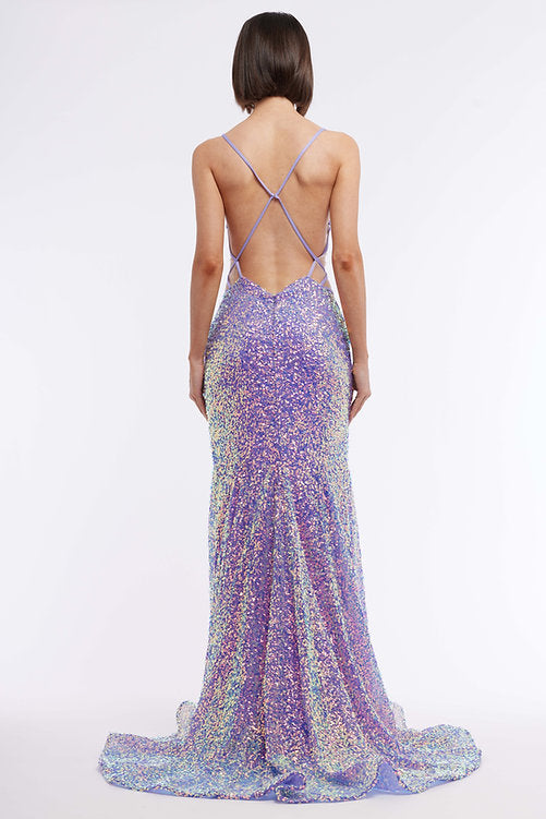 Look stunning in Vienna Prom 8878. Crafted from a lustrous sequined fabric, this dress features a backless and sheer cut-out design. The elegant fitted bodice fits snugly to flatter your curves, making this the perfect formal or pageant dress. Sizes: 00-16 Colors: Fuchsia, Lilac, Green