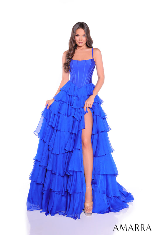 Amarra 89461 Ruffle Prom Dress Basque Corset Slit Gown