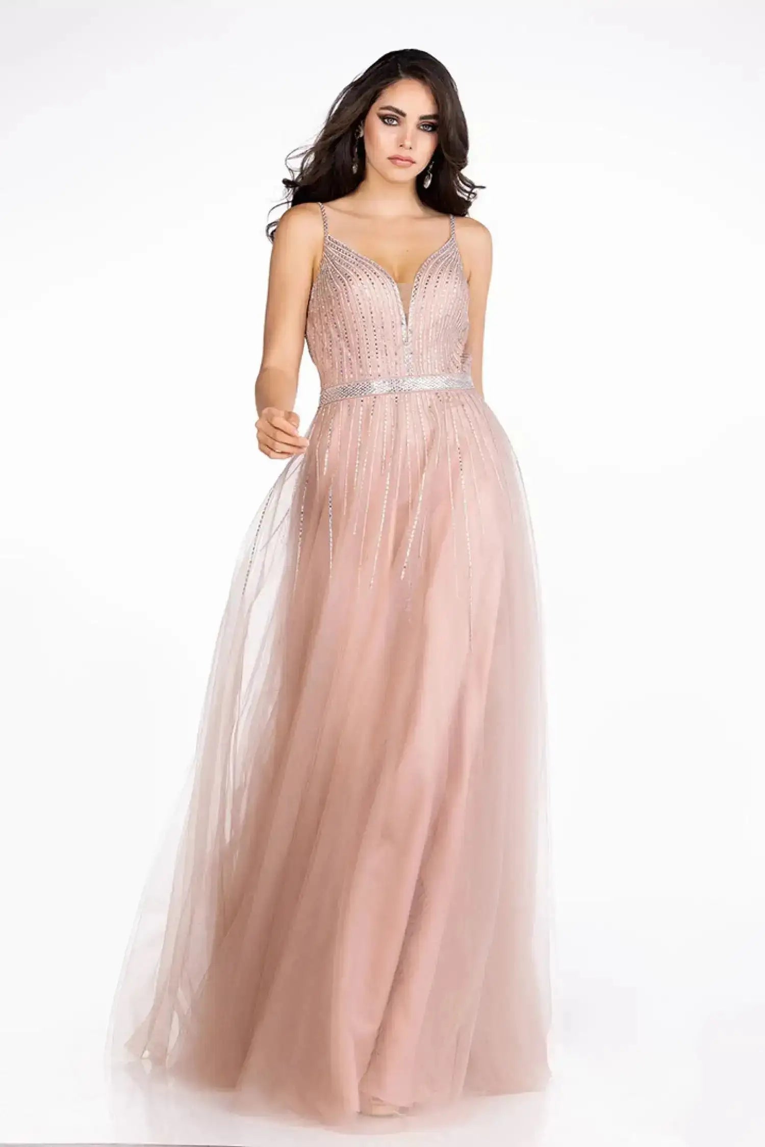Abby Paris 90083 Long A Line Shimmer v neck Backless Prom Dress Embell –  Glass Slipper Formals