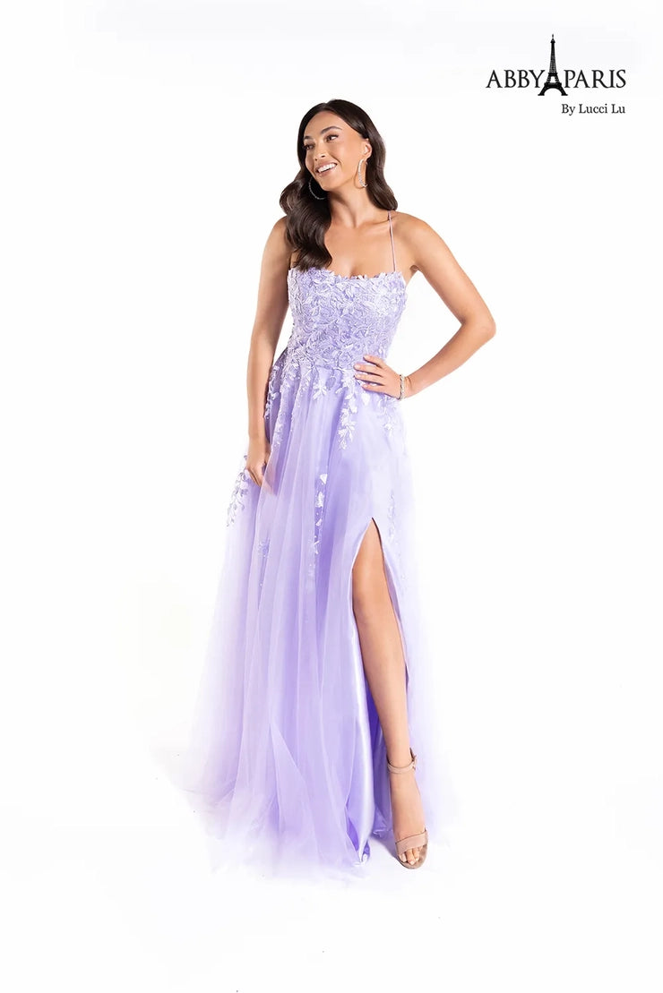 Abby Paris 90157 A-Line Lace Up Back Floral Tulle Slit Long Prom Dress