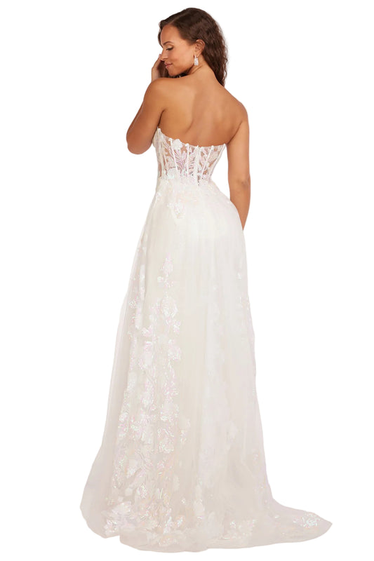 Impress in this Abby Paris 90229 Sheer Corset Sequin Prom Dress. The sheer corset accentuates your figure while the overskirt adds a touch of elegance. Sparkling sequins and a thigh-high slit make this the perfect pageant gown. Stand out with 100% confidence and sophistication. Size: 8 Color: White
