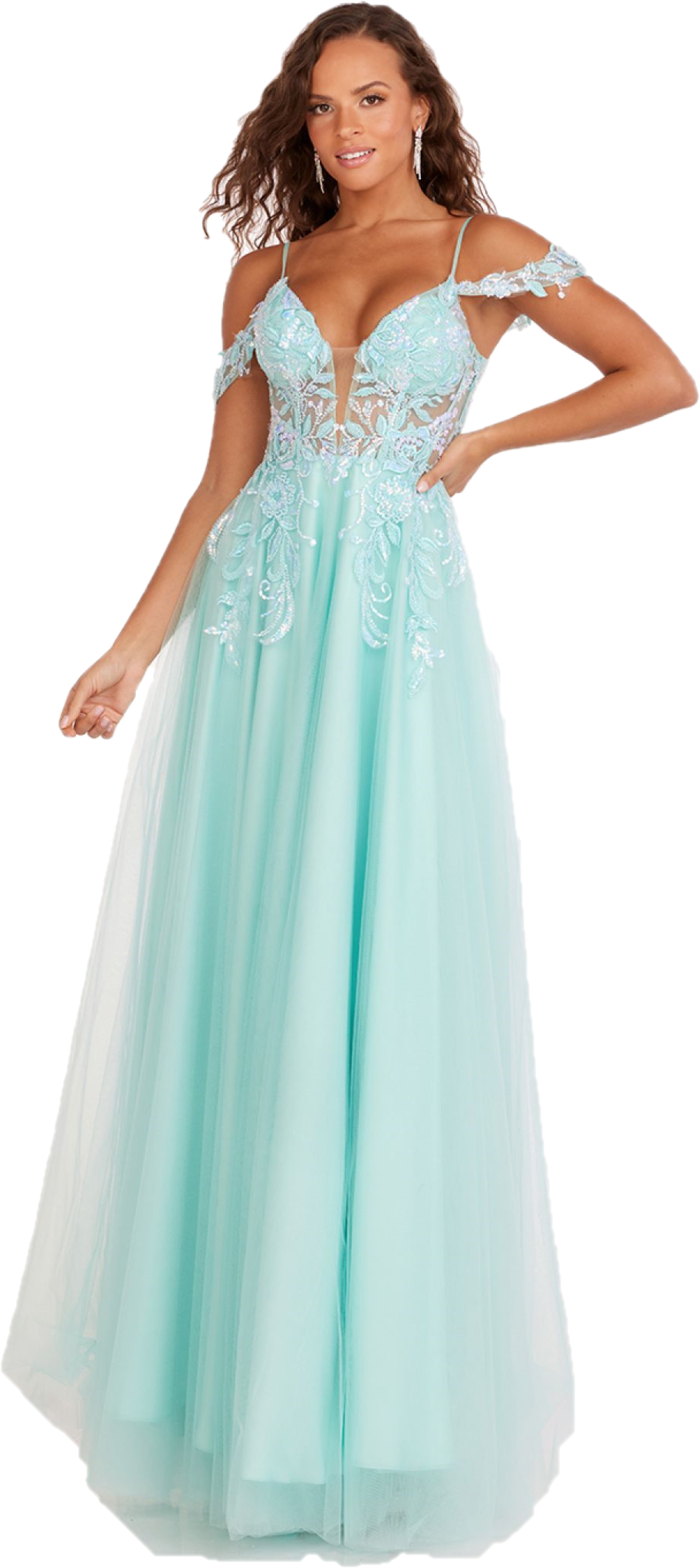 Abby Paris 90242 Size 14 Aqua Sheer Sequin Corset off the shoulder A line Prom Dress Corset Formal Gown