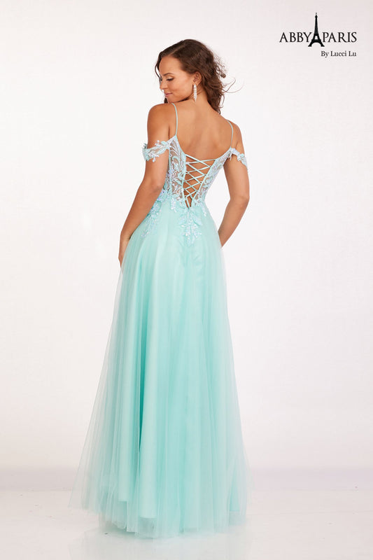 The Abby Paris 90242 Sheer Sequin Corset offers a stunning off-the-shoulder A-line silhouette, perfect for any formal event. The sheer sequin design adds a touch of glamour, while the corset structure provides a flattering fit. Make a statement and turn heads with this elegant and sophisticated prom dress. Sizes: 0-14 Colors: Aqua