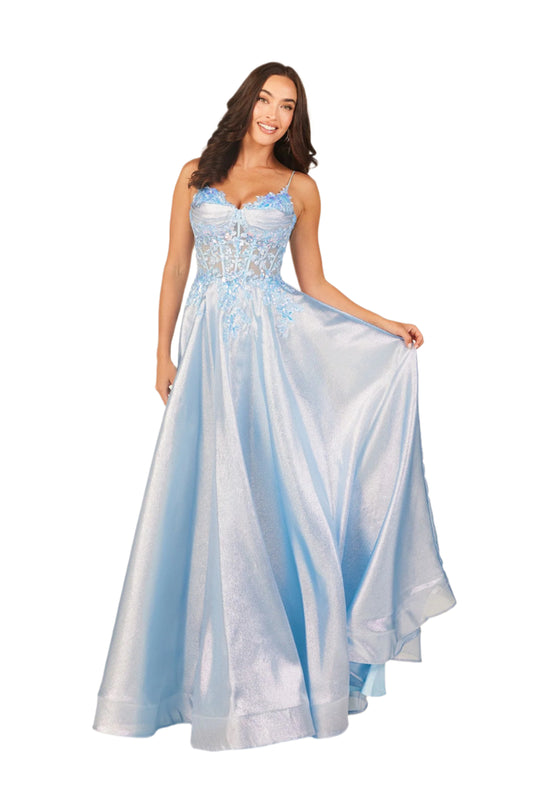 Embody elegance in the Abby Paris 90290 prom dress. Featuring a sheer sequin lace corset and metallic A-line skirt, this formal gown is perfect for special occasions. With its intricate lace detailing and flattering silhouette, you'll be sure to make a statement at your next event.
Sizes: 2-18
Colors: Blue 