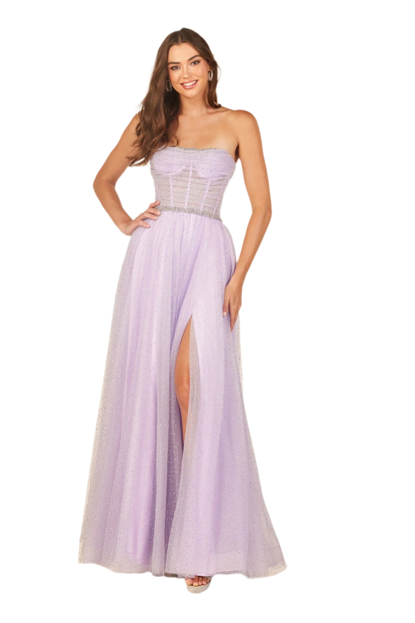 Be the belle of the ball in the Abby Paris 90324 Prom Dress. This stunning dress features a shimmery crystal design on the tulle A-line skirt, while the sheer corset bodice adds a touch of elegance. Its strapless design is perfect for showcasing your shoulders and neckline. Perfect for any formal evening event.
Sizes: 00-16
Colors: Dusty Sage, Lilac