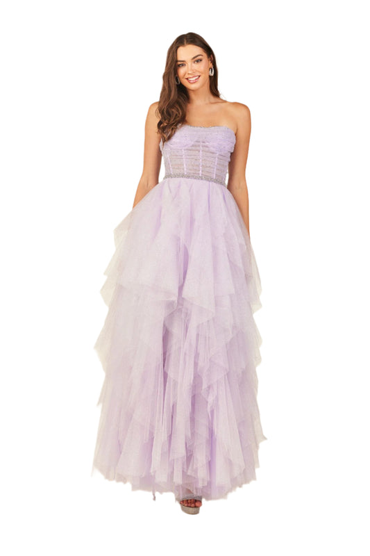 This Abby Paris dress features a sheer corset bodice, glitter tulle overlay, and layered A-line skirt for a glamorous prom or formal look. Its corset design accentuates the waist and the tulle adds volume to the skirt. Stand out and feel confident in this stunning gown.
Sizes: 0-18
Colors: Champagne, Lilac