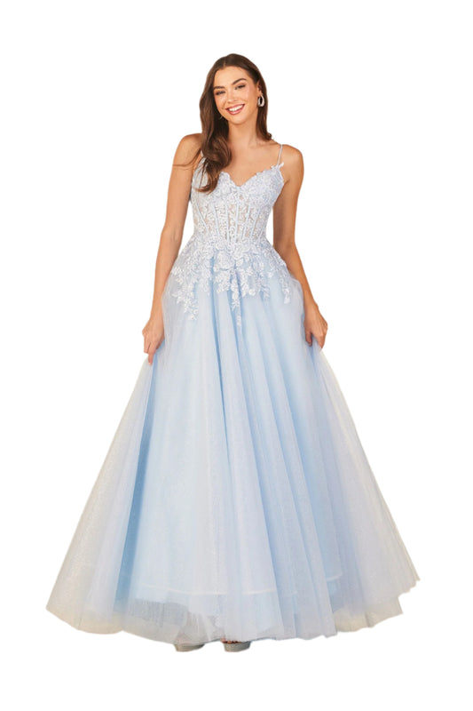 The Abby Paris 90327 prom dress is designed to make a statement. Its sheer lace corset, shimmer fabric, and A-line silhouette create a dramatic and elegant look. The V-neckline adds a touch of femininity. This gown is perfect for any formal occasion, guaranteed to make you stand out.
Sizes: 0-18
Colors: Blue, Lavender
