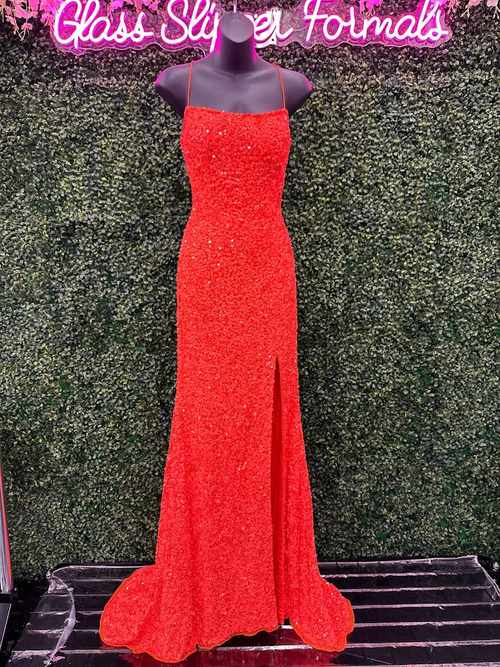 neon orange prom dress Amarra 94282 Size 2 Neon Orange Sequin Prom Dress Scoop Neck