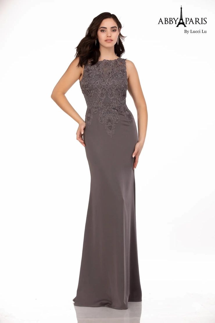Abby Paris 96061W Embroidered High-Neck Chiffon Gown | Formal Dress Shops Gunmetal / 16W Abby Paris 96061W Embroidered High-Neck Chiffon Gown | Formal Dress Shops Gunmetal / 16W