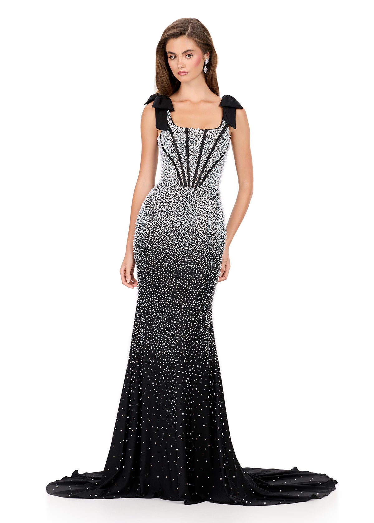 open lace back dress ASHLEYlauren 12179 Bow Straps Pearl Prom Dress Pageant Formal Evening Gown 4 / Black