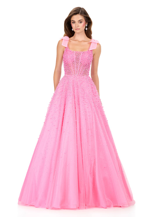 ASHLEYlauren 12204 Candy Pink Long Beaded Pearls Prom Dress Bow Straps A Line Pageant Formal Evening Gown