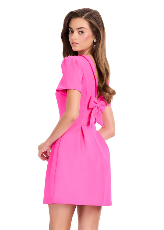 ASHLEYlauren 40037 Fuchsia Cocktail Dress Puff Sleeve V Back with Bow back