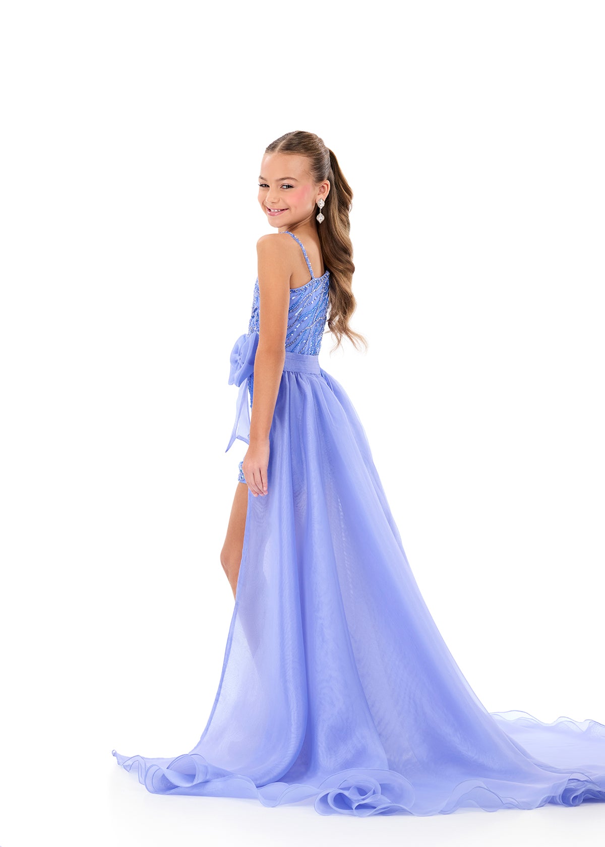 ASHLEYlauren 8325 Periwinkle One Shoulder Girls Romper Beaded Bodice with Organza Overskirt