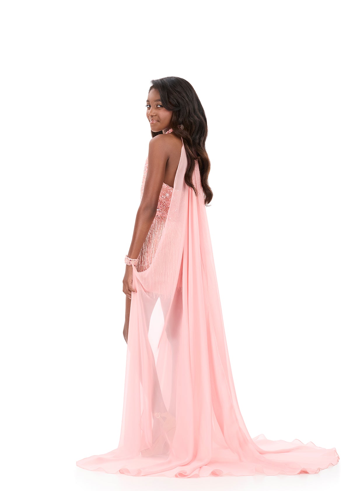 ASHLEYlauren 8326 Blush Girls Romper with Fully Beaded Bodice with Chiffon Cape