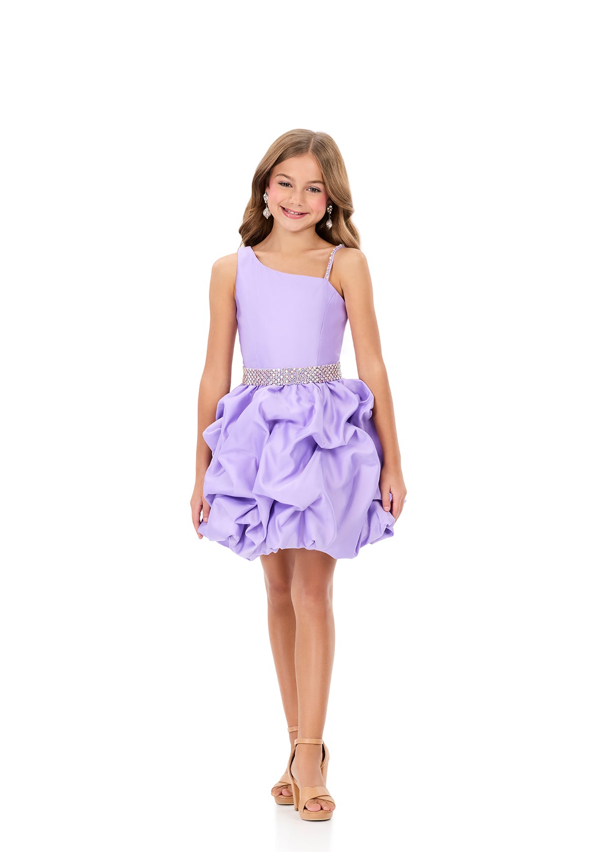 purple dress for girls ASHLEYlauren 8329 Girls Short Dress Bubble Skirt with Pickups One Shoulder Lilac / 4