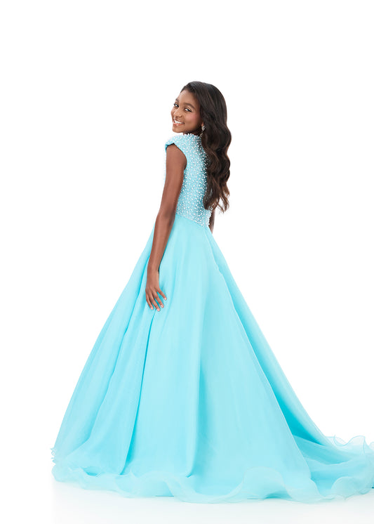 ASHLEYlauren 8334 Sky Blue Kids Organza Ball Gown Pearl Bodice Cap Sleeve