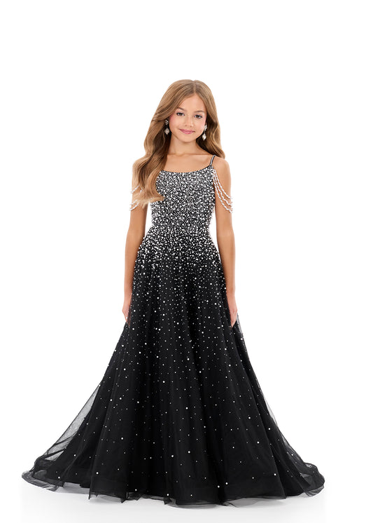 ASHLEYlauren 8335 Kids Black Tulle Ball Gown Pearls