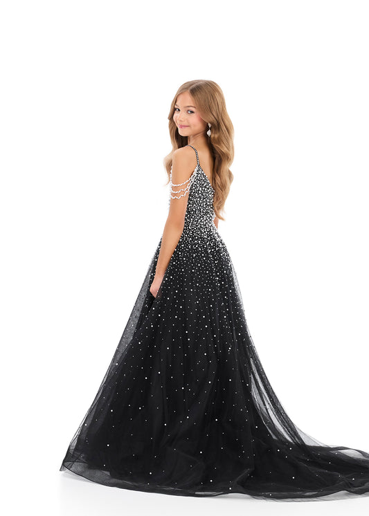 ASHLEYlauren 8335 Kids Black Tulle Ball Gown Pearls