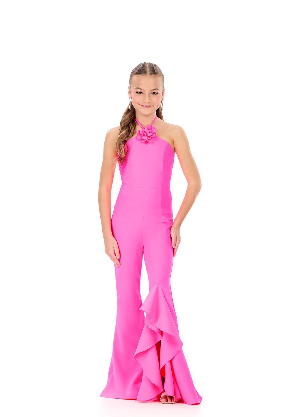ASHLEYlauren 8337 Kids Scuba Jumpsuit halter neckline ruffle pants