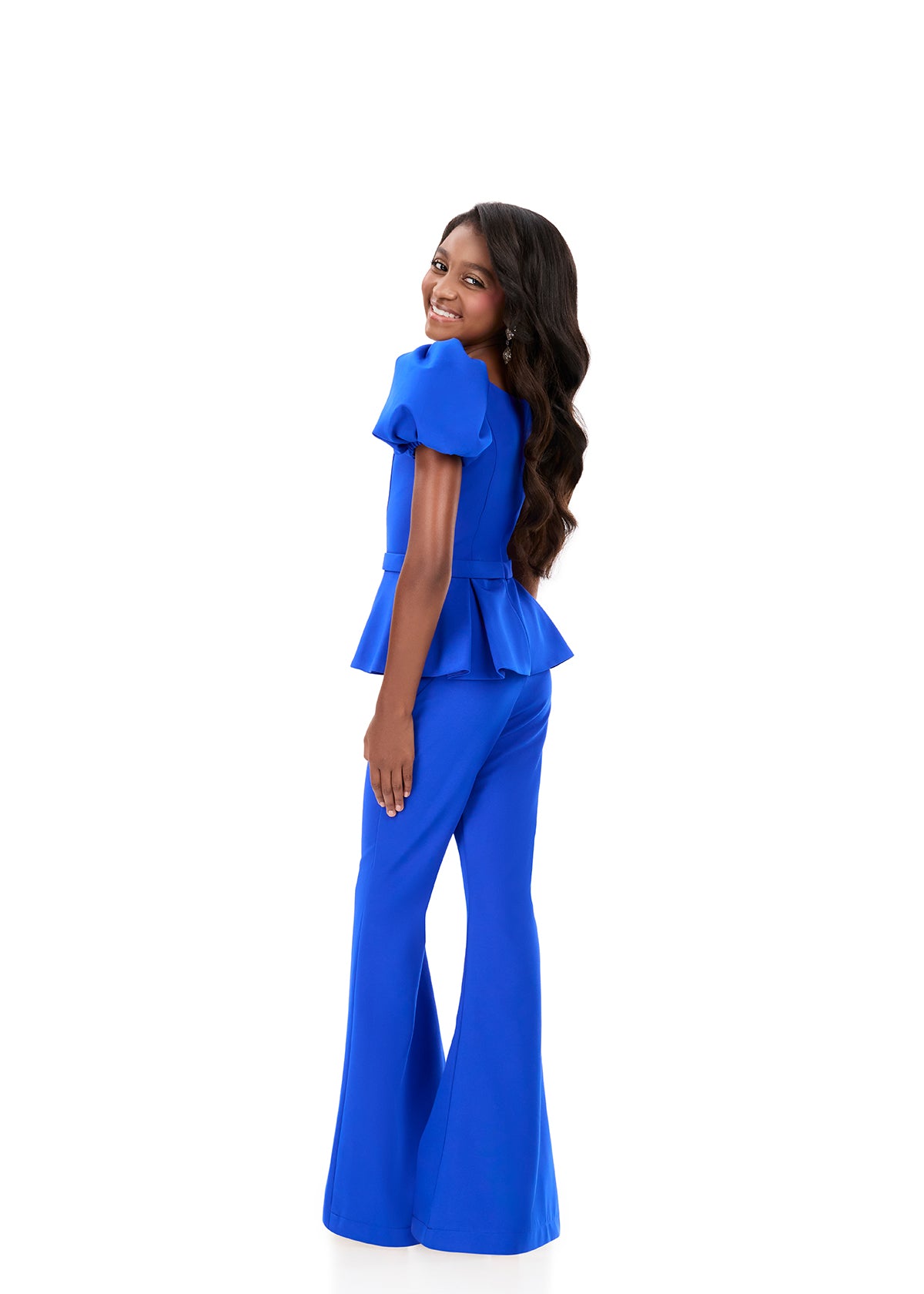 ASHLEYlauren 8358 Girls Jersey pantsuit with puff sleeves