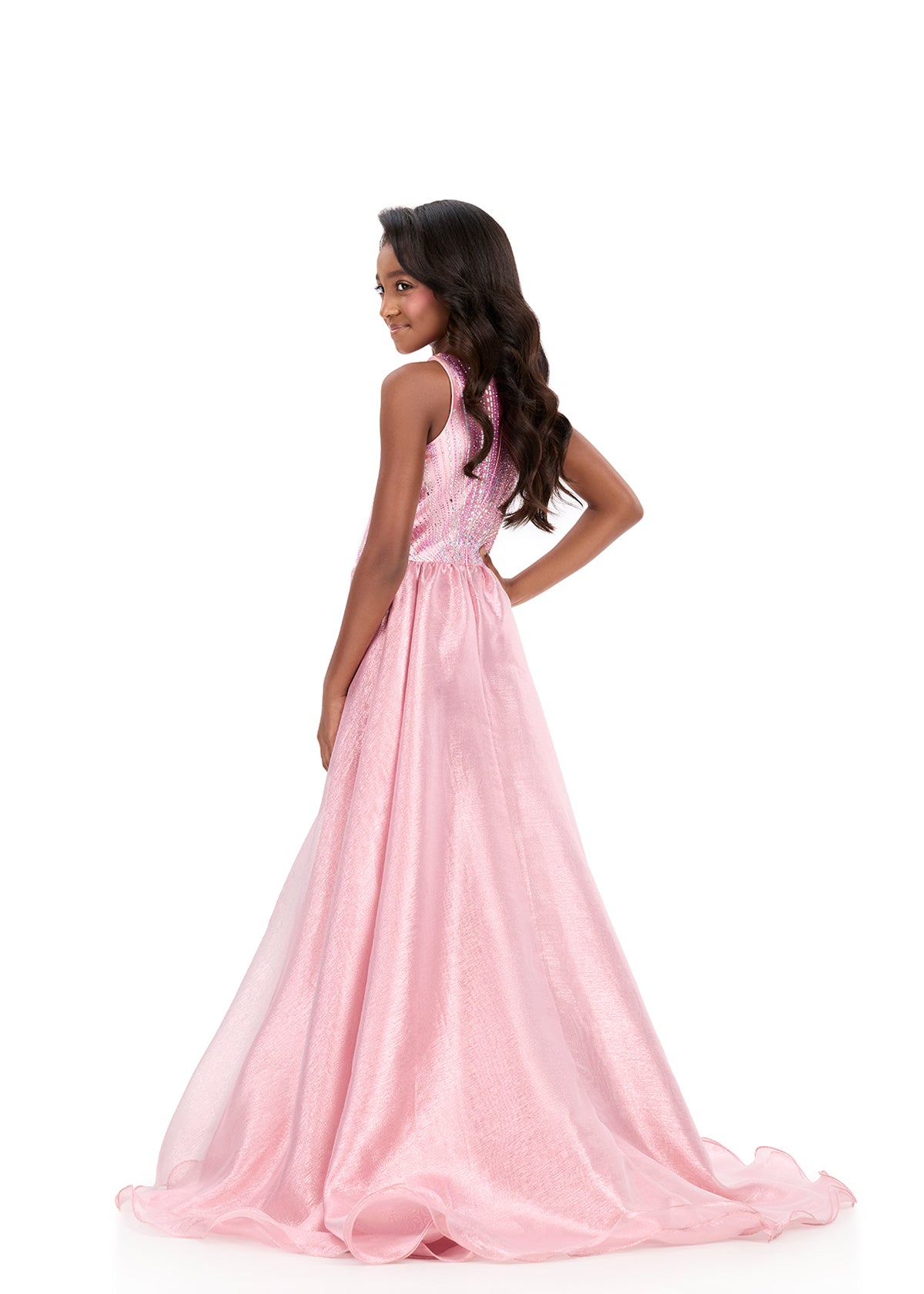 ASHLEYlauren 8362 Girls rose gold pageant jumpsuit overskirt back