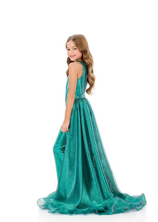 ASHLEYlauren 8363 Jade Green Girls pageant jumpsuit overskirt back