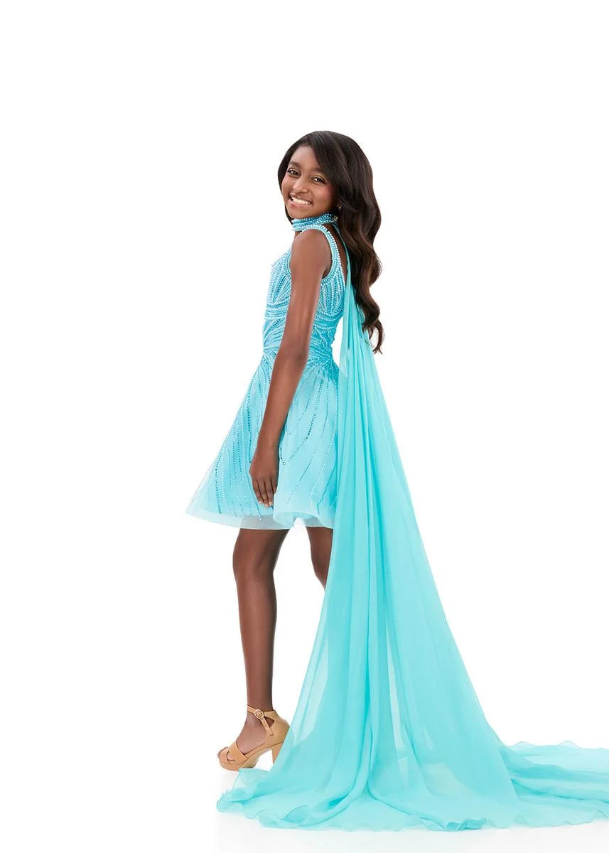 ASHLEYlauren 8365 Girls Aqua Pearl Short Dress with Choker Cape back