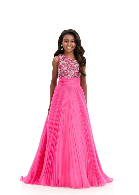 ASHLEYlauren 8367 Girls Pink One Shoulder Pageant Gown