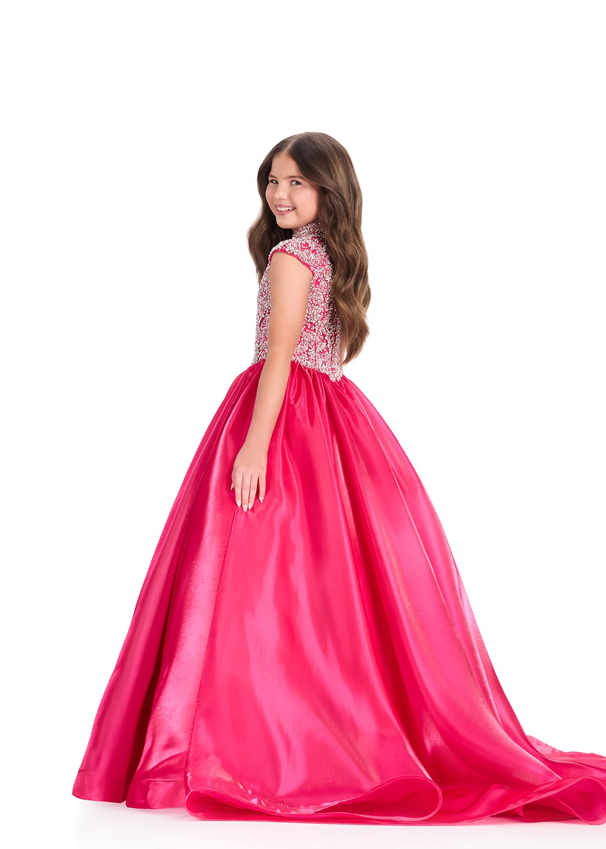 ASHLEYlauren 8396 fuchsia teens girls pageant dress high neckline back
