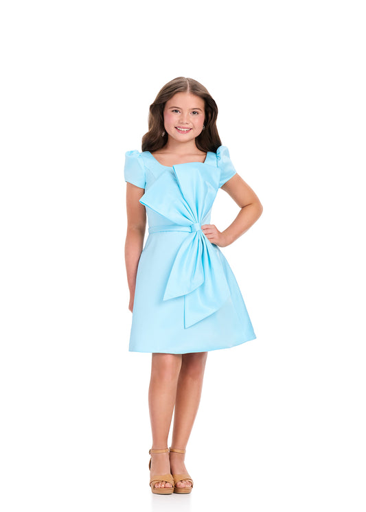 ASHLEYlauren 8400 Girls Light Blue Cocktail Dress Bow Front Short Sleeves