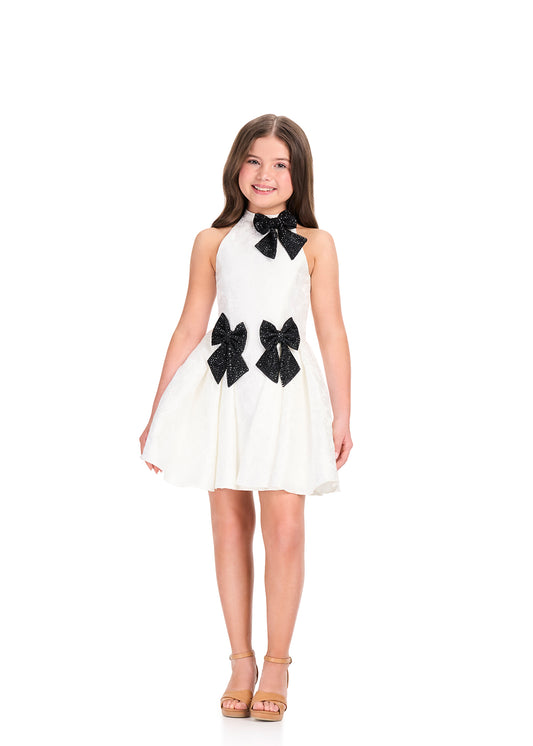 ASHLEYlauren 8411 Girls White Brocade Short Dress with Bows