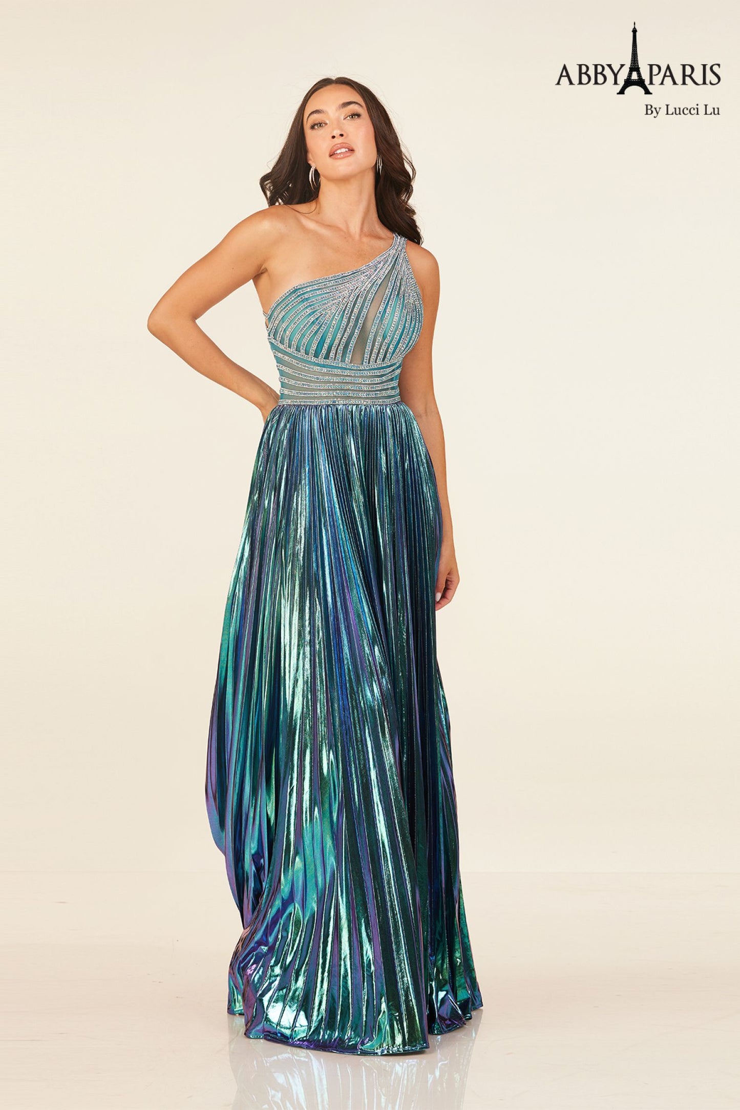 Abby Paris 90289 Metallic Pleated Maxi Slit Prom Dress One Shoulder Crystal Formal Gown