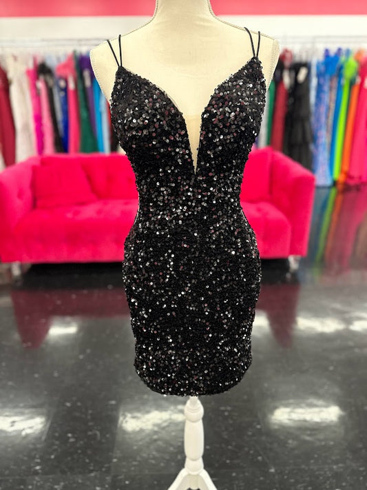 Make a statement in the Amarra 88660 Sequined Velvet Homecoming Cocktail Dress. Featuring a v neckline, spaghetti straps, sheer panels and a lace up corset back, this dress is sure to turn heads. Crafted with luxurious sequined velvet, it's the perfect combination of comfort and style. Size: 6, 14 Color: Black