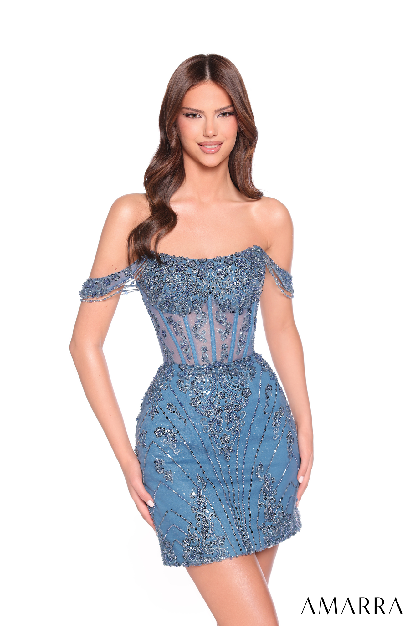 Amarra 88900 Teal Blue Sheer corset mini homecoming dress short off shoulder straps shimmering beadwork