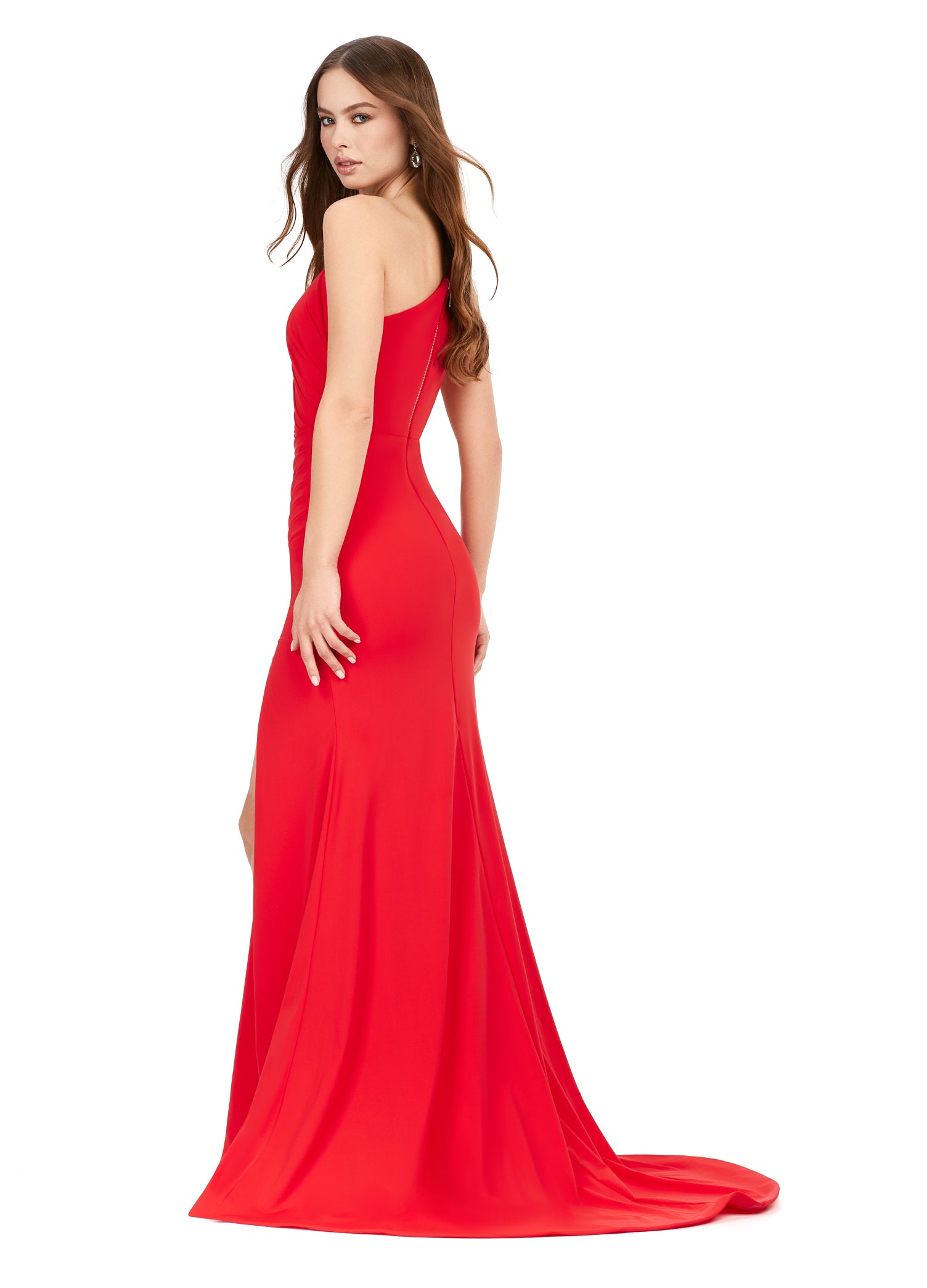 Ashley Lauren 11303 Fitted One Shoulder Ruched Gown with Cut